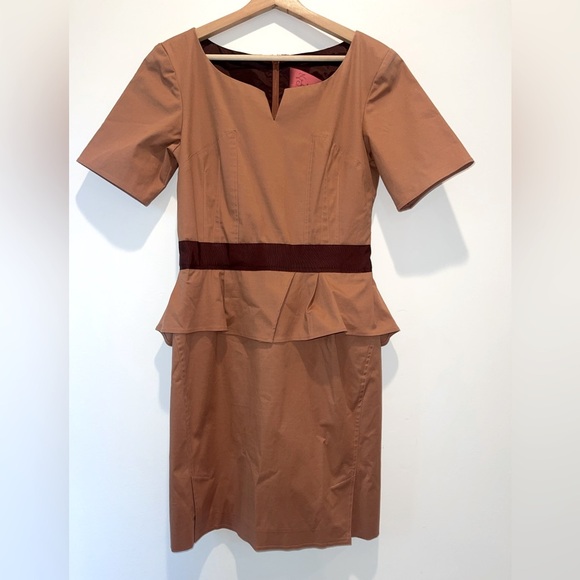 Z Spoke by Zac Posen Designer Brown Peplum Midi Dress Ribbon Detail size 10 EUC - Picture 1 of 10